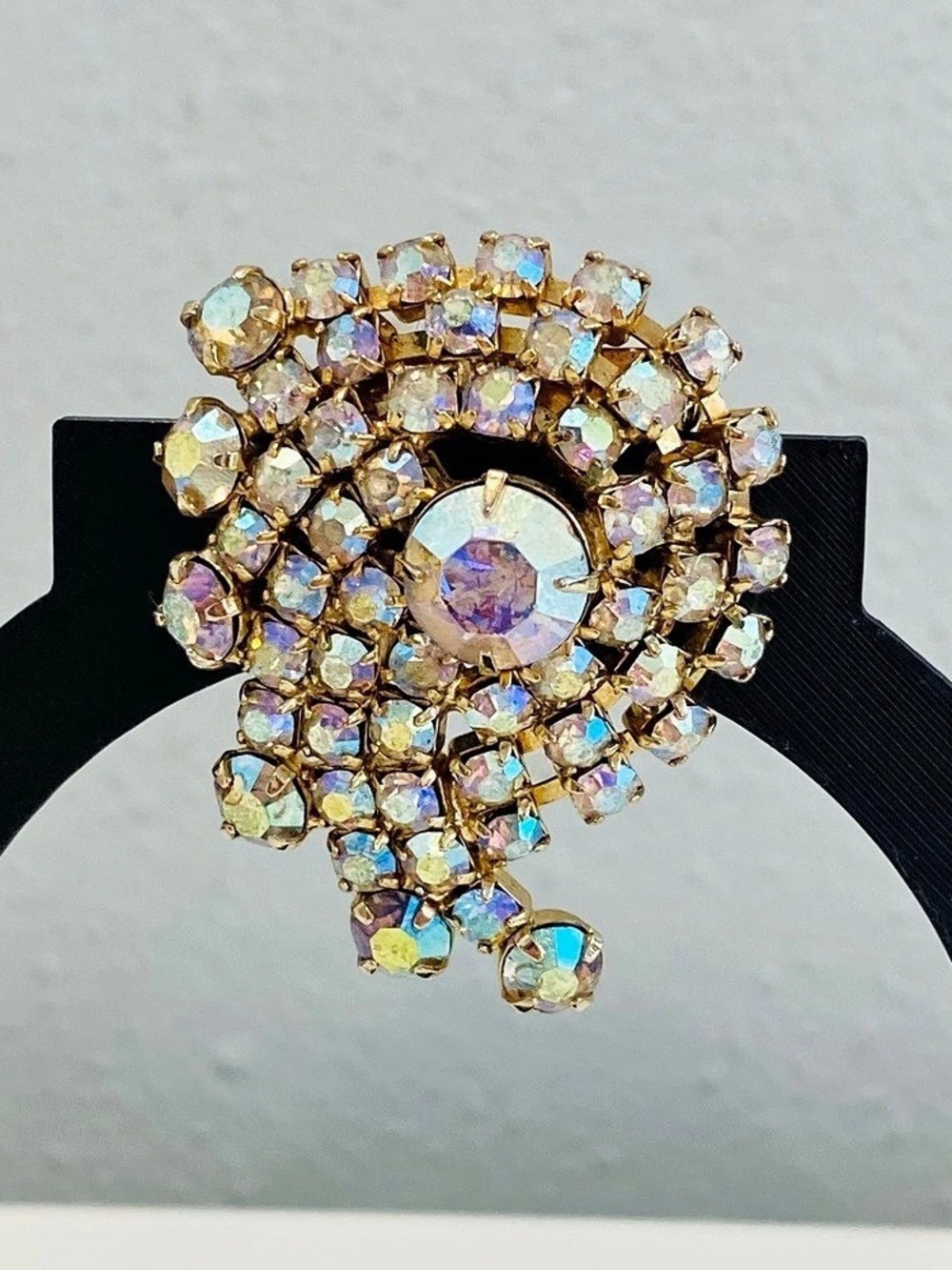 Vintage AB Iridescent Rhinestone Swirl Brooch Gold Tone 1950s Statement Pin